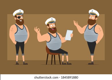 Cartoon flat funny bearded fat sailor man character in captain hat with tattoo. Boy posing, reading note and showing okay sign. Ready for animation. Isolated on brown background. Vector set.