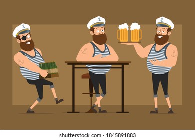 Cartoon flat funny bearded fat sailor man character in captain hat with tattoo. Boy resting, holding beer mugs and box of glass bottles. Ready for animation. Isolated on brown background. Vector set.