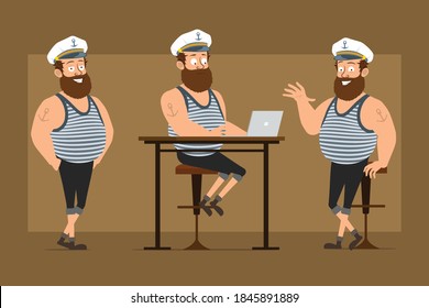 Cartoon flat funny bearded fat sailor man character in captain hat with tattoo. Boy posing, working on laptop and showing welcome sign. Ready for animation. Isolated on brown background. Vector set.