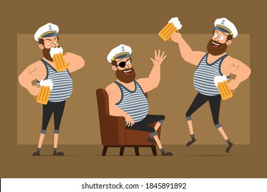 Caricatura chistoso gordo barbudo personaje de marinero con sombrero de capitán con tatuaje. Niño descansando y bebiendo cerveza de la taza. Listo para la animación. Aislado sobre fondo marrón. Conjunto de vectores.