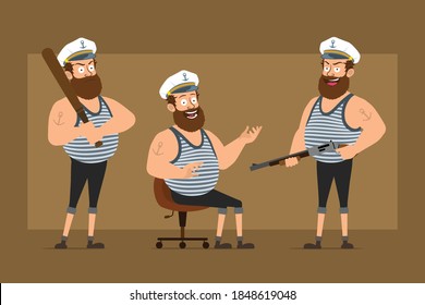 Cartoon flach lustige Bartfett Seemann Mann Charakter in Kapitän Hut mit Tätowierung. Junge, der Baseballschläger und Schusswaffe hält. Bereit für Animation. Einzeln auf braunem Hintergrund. Vektorset.