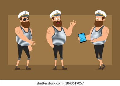 Cartoon flat funny bearded fat sailor man character in captain hat with tattoo. Boy shaking hands, holding tablet and showing okay sign. Ready for animation. Isolated on brown background. Vector set.