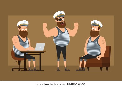 Cartoon flat funny bearded fat sailor man character in captain hat with tattoo. Boy working in laptop and showing muscles. Ready for animation. Isolated on brown background. Vector set.