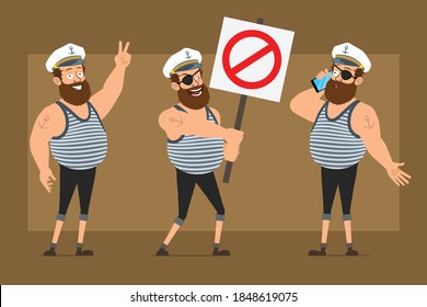 Cartoon flat funny bearded fat sailor man character in captain hat with tattoo. Boy talking on phone and holding no entry stop sign. Ready for animation. Isolated on brown background. Vector set.