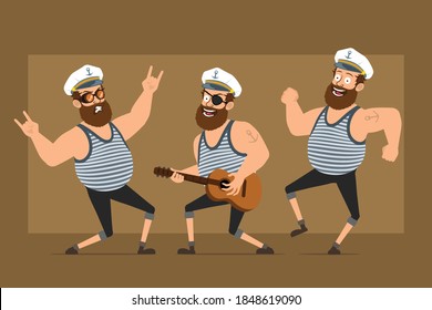 Caricatura chistoso gordo barbudo personaje de marinero con sombrero de capitán con tatuaje. Niño tocando guitarra y mostrando el signo del rock y el roll. Listo para la animación. Aislado sobre fondo marrón. Conjunto de vectores.