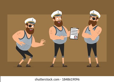 Cartoon flat funny bearded fat sailor man character in captain hat with tattoo. Boy sneaking, thinking and holding to do list with mark. Ready for animation. Isolated on brown background. Vector set.