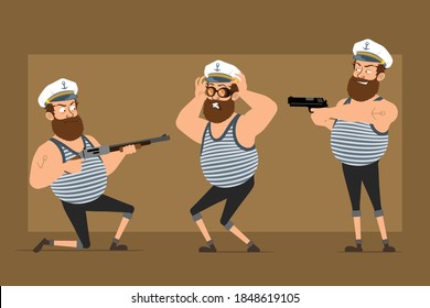 Cartoon flat funny bearded fat sailor man character in captain hat with tattoo. Boy shooting from pistol and shotgun. Ready for animation. Isolated on brown background. Vector set.