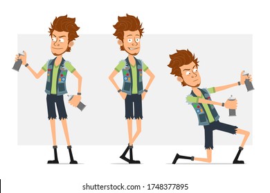 Cartoon flat funny bearded hipster man character in jeans shorts and jerkin. Ready for animation. Boy working with spray paint can and posing on photo. Isolated on gray background. Vector icon set.