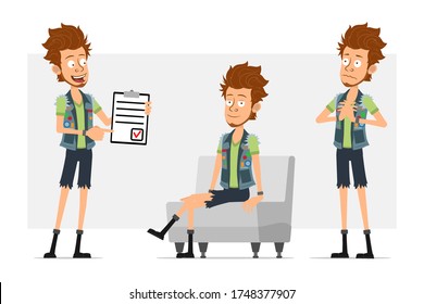 Cartoon flat funny bearded hipster man character in jeans shorts and jerkin. Ready for animation. Boy begging, resting on sofa and showing to do list. Isolated on gray background. Vector icon set.