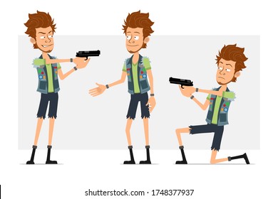 Cartoon flach komisch bärtige hipster Mann Charakter in Jeans Shorts und Jerkin. Bereit für Animation. Junge zittert die Hände und schießt mit Pistole. Einzeln auf grauem Hintergrund. Vektorsymbol-Set.