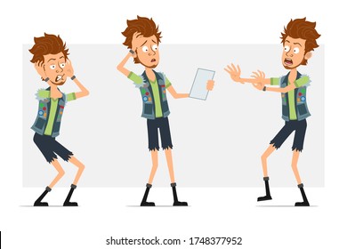 Cartoon flat funny bearded hipster man character in jeans shorts and jerkin. Ready for animation. Boy screaming, going back and reading scary note. Isolated on gray background. Vector icon set.