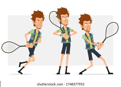 Cartoon flat funny bearded hipster man character in jeans shorts and jerkin. Ready for animation. Angry boy standing and playing with tennis racket. Isolated on gray background. Vector icon set.