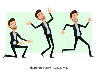 Cartoon flat funny bearded rock and roll man character in leather jacket. Ready for animation. Boy running, falling unconscious and standing on knee. Isolated on white background. Vector icon set.