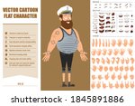 Cartoon flat funny bearded sailor man character in captain hat with tattoo. Ready for animation. Face expressions, eyes, brows, mouth and hands easy to edit. Isolated on brown background. Vector set.