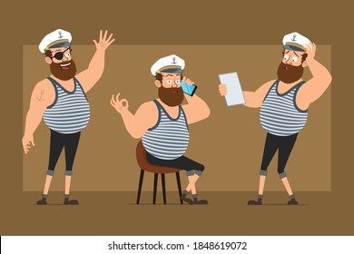 Cartoon flat funny bearded sailor man character in captain hat with tattoo. Boy talking on phone, reading note and showing Hello sign. Ready for animation. Isolated on brown background. Vector set.