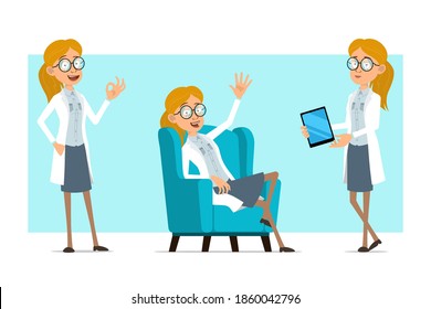 Cartoon flat funny blonde doctor woman character in white uniform and glasses. Girl holding smart tablet and showing okay gesture. Ready for animation. Isolated on blue background. Vector set.