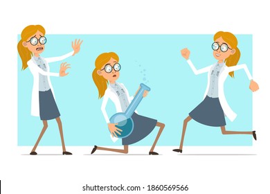 Cartoon flat funny blonde doctor woman character in white uniform and glasses. Girl running and holding chemical flask with liquid. Ready for animation. Isolated on blue background. Vector set.