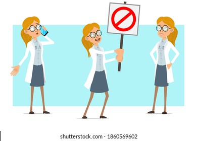 Cartoon flat funny blonde doctor woman character in white uniform and glasses. Girl talking on phone and holding no entry stop sign. Ready for animation. Isolated on blue background. Vector set.