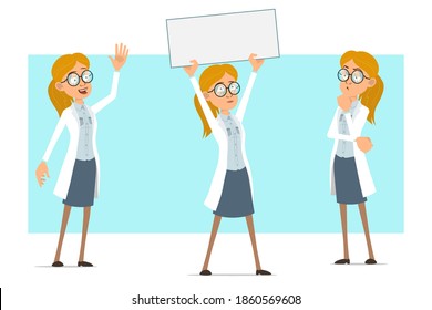 Cartoon flat funny blonde doctor woman character in white uniform and glasses. Girl thinking and holding blank paper sign for text. Ready for animation. Isolated on blue background. Vector set.