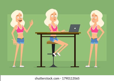 Cartoon flat funny blonde girl character in jeans shorts working on laptop and posing for photo. Isolated on green background.