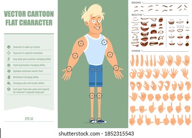 Cartoon flat funny blonde sportsman character in undershirt and shorts. Ready for animation. Face expressions, eyes, brows, mouth and hands easy to edit. Isolated on green background. Big vector set.