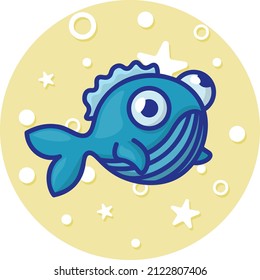 caricatura de peces azul divertido con ojos abultados en el mar con estrellas de arena y burbujas. pez mascota del logo