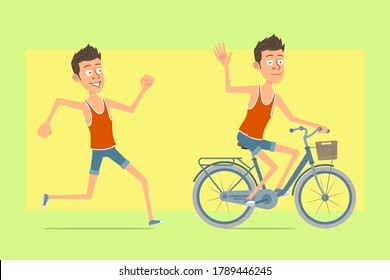Cartoon flat funny boy character in jeans shorts running and riding bicycle. Isolated on yellow background.
