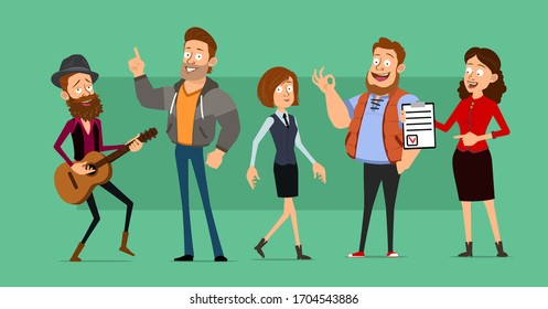 Cartoon flat funny boy and girl characters. Hipster with guitar, sportsman, office manager and teacher with to do list. Isolated on green background. Vector icon set.
