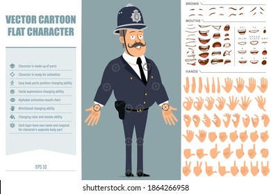 Caricatura de un gracioso personaje de policía gordo británico con casco azul y uniforme. Listo para animaciones. Enfrentar expresiones, ojos, boca y manos fáciles de editar. Aislado sobre fondo azul. Conjunto de vectores.