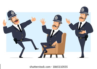 Caricatura de un gracioso personaje de policía gordo británico con casco y uniforme. Niño posando, descansando y mostrando el pulgar hacia arriba. Listo para la animación. Aislado sobre fondo azul. Conjunto de vectores.