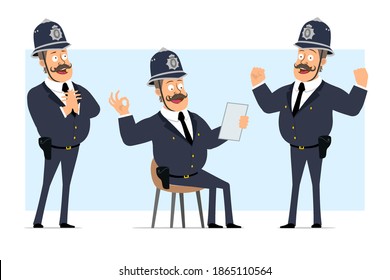 Caricatura de un gracioso personaje de policía gordo británico con casco y uniforme. Niño mostrando músculos fuertes y buen gesto. Listo para la animación. Aislado sobre fondo azul. Conjunto de vectores.