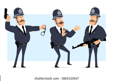 Caricatura de un gracioso personaje de policía gordo británico con casco y uniforme. Niño asustado, sosteniendo rifle automático y pistola. Listo para la animación. Aislado sobre fondo azul. Conjunto de vectores.