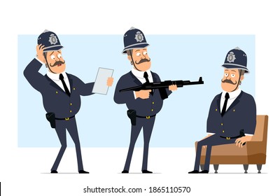 Cartoon flat funny british fat policeman character in helmet and uniform. Boy reading document and holding automatic rifle. Ready for animation. Isolated on blue background. Vector set.