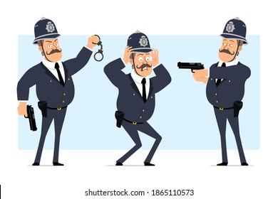 Caricatura de un gracioso personaje de policía gordo británico con casco y uniforme. Niño con esposas y disparando desde una pistola. Listo para la animación. Aislado sobre fondo azul. Conjunto de vectores.