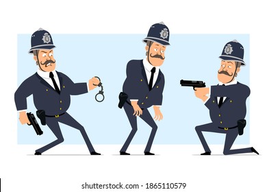 Caricatura de un gracioso personaje de policía gordo británico con casco y uniforme. Niño cansado y disparando desde una pistola. Listo para la animación. Aislado sobre fondo azul. Conjunto de vectores.