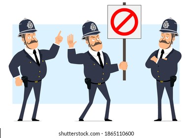 Caricatura de un gracioso personaje de policía gordo británico con casco y uniforme. Niño posando y sosteniendo sin señal de parada de entrada. Listo para la animación. Aislado sobre fondo azul. Conjunto de vectores.