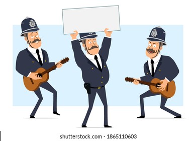 Caricatura de un gracioso personaje de policía gordo británico con casco y uniforme. Niño saltando, bailando y tocando guitarra. Listo para la animación. Aislado sobre fondo azul. Conjunto de vectores.