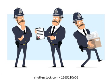 Caricatura de un gracioso personaje de policía gordo británico con casco y uniforme. Niño cargando una caja con papeles y mostrando para hacer una lista. Listo para la animación. Aislado sobre fondo azul. Conjunto de vectores.