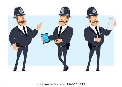 Caricatura de un gracioso personaje de policía gordo británico con casco y uniforme. Niño sosteniendo una tableta inteligente y una nota de lectura. Listo para la animación. Aislado sobre fondo azul. Conjunto de vectores.
