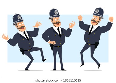 Caricatura de un gracioso personaje de policía gordo británico con casco y uniforme. Niño saltando, bailando y mostrando un gesto correcto. Listo para la animación. Aislado sobre fondo azul. Conjunto de vectores.