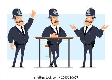 Caricatura de un gracioso personaje de policía gordo británico con casco y uniforme. Niño posando, descansando y mostrando gesto de bienvenida. Listo para la animación. Aislado sobre fondo azul. Conjunto de vectores.