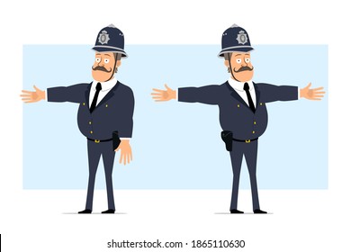 Caricatura de un gracioso personaje de policía gordo británico con casco y uniforme. Niño mostrando advertencia, atención y gesto de alto. Listo para la animación. Aislado sobre fondo azul. Conjunto de vectores.