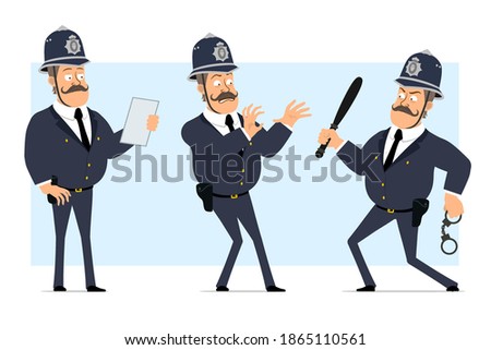 Cartoon flat funny british fat policeman character in helmet and uniform. Boy reading note and holding police baton with handcuffs. Ready for animation. Isolated on blue background. Vector set.