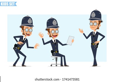 Caricatura de un gracioso personaje de policía británico con casco, gafas y uniforme. Listo para la animación. Niña husmeando, leyendo nota y posando para la foto. Aislado sobre fondo azul. Conjunto de iconos del vector.