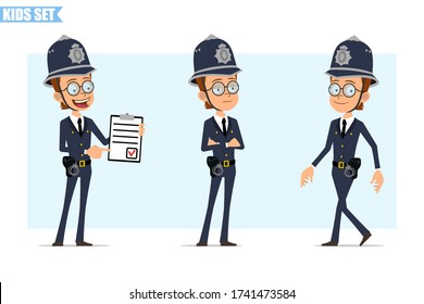 Cartoon flat funny british policeman boy character in helmet, glasses and uniform. Ready for animation. Kid standing, walking and showing to do list. Isolated on blue background. Vector icon set.