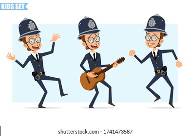 Caricatura de un gracioso personaje de policía británico con casco, gafas y uniforme. Listo para la animación. Los niños bailan, cantan y tocan guitarra. Aislado sobre fondo azul. Conjunto de iconos del vector.