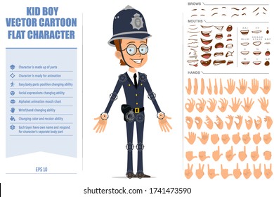 Caricatura de un gracioso personaje de policía británico con casco y uniforme. Listo para animaciones. Enfrentar expresiones, ojos, cejas, boca y manos fáciles de editar. Aislado sobre fondo blanco. Conjunto de vectores.