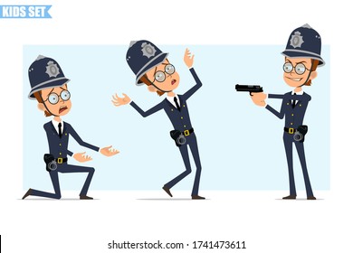 Cartoon flach lustige britische Polizist Junge Charakter in Helm, Brille und Uniform. Bereit für die Animation. Kinder, die mit Pistole schießen und bewusstlos fallen. Auf blauem Hintergrund isoliert. Vector-Symbol-Einstellung.