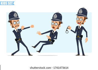 Caricatura de un gracioso personaje de policía británico con casco, gafas y uniforme. Listo para la animación. Niño de pie, luchando y cayendo. Aislado sobre fondo azul. Conjunto de iconos del vector.