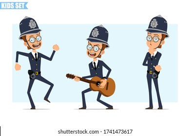 Caricatura de un gracioso personaje de policía británico con casco, gafas y uniforme. Listo para la animación. Niño de pie, bailando y tocando guitarra. Aislado sobre fondo azul. Conjunto de iconos del vector.